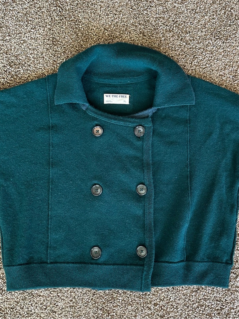 We The Free Dark Teal Double-Breasted Knit Pea Coat